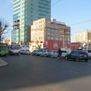 Cyclist in traffic along 1st BRT corridor_UB_April2011_Mk