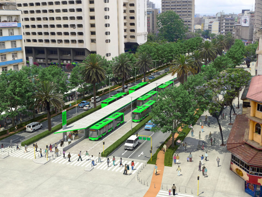 Representative design of a BRT station with multiple sub-stops at Moi Ave near Kencom.